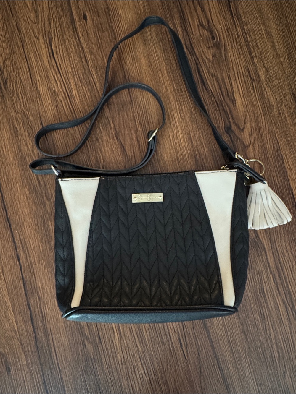 Jessica Simpson Black and Cream Quilted Crossbody with Tassel